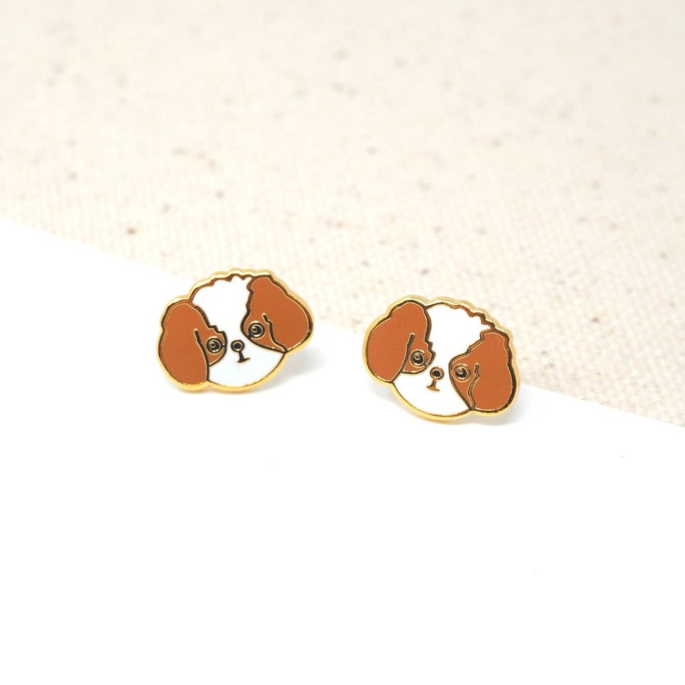 Mismatched Brown Shihtzu Enamel Stud Earrings
